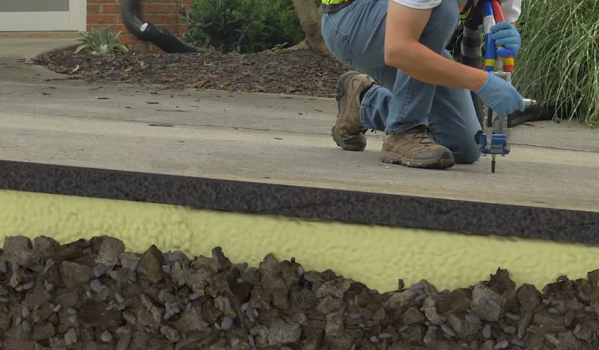 Polyjacking foam expanding to fill voids and lift a sunken concrete slab